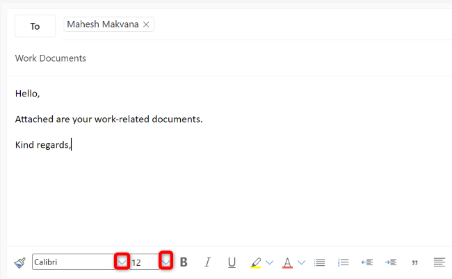Change the font and the font size for a specific email in Outlook for the web.