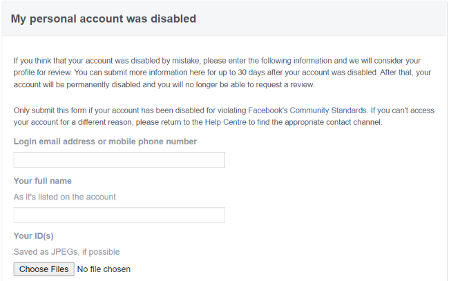 Facebook's account disabled form.