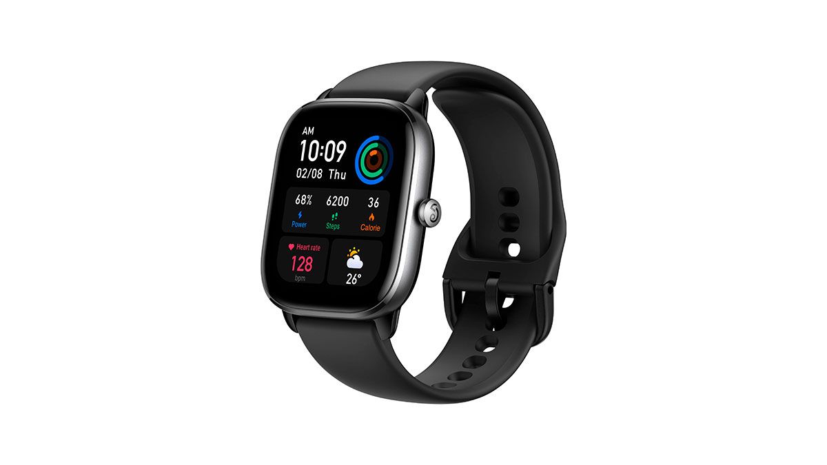 Amazfit GTS 4 Smartwatch in black with sample readout