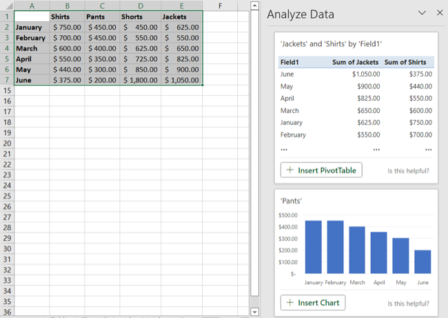 Analyze Data sidebar with insert options
