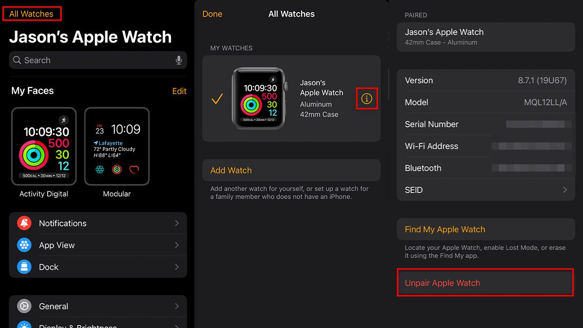 Screenshots showing the steps in the Watch app to unpair an Apple Watch.