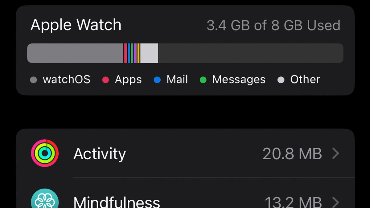 A screenshot showing an Apple Watch with internal storage with the run away "Other" category fixed and shrunk to an appropriate size.