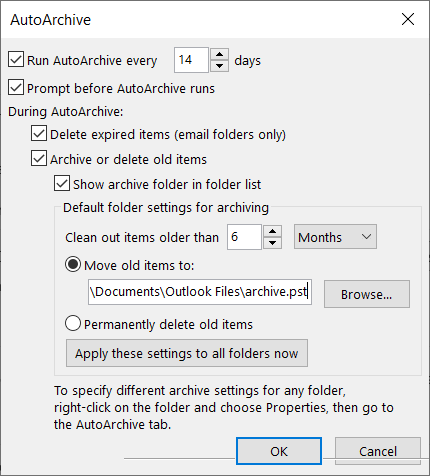 AutoArchive Settings in Outlook