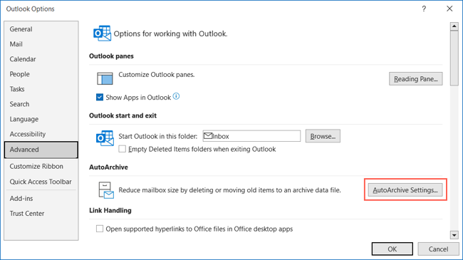 AutoArchive Settings button in the Outlook Options
