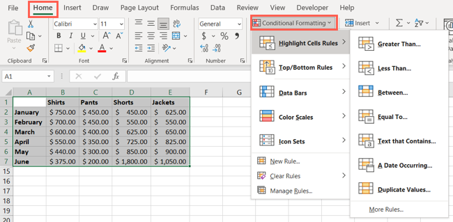 Conditional Formatting highlight options