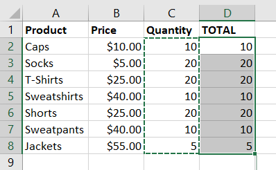 Copied and pasted a cell range in Excel