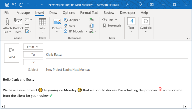 Email with emoji and symbols