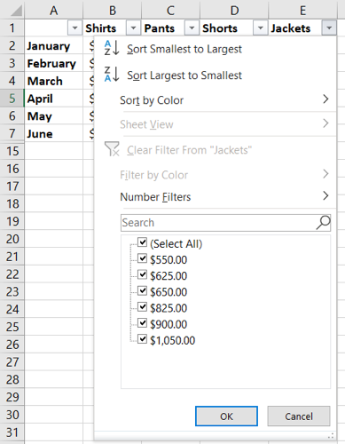 Filter options in Excel