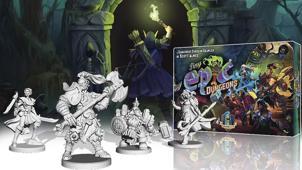 Fantasy figures and cover art from the game Tiny Epic Dungeon.