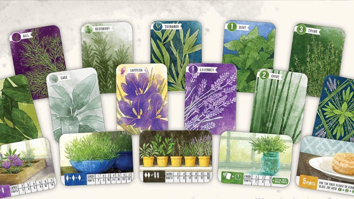 The colorful herb cards from the game Herbaceous.