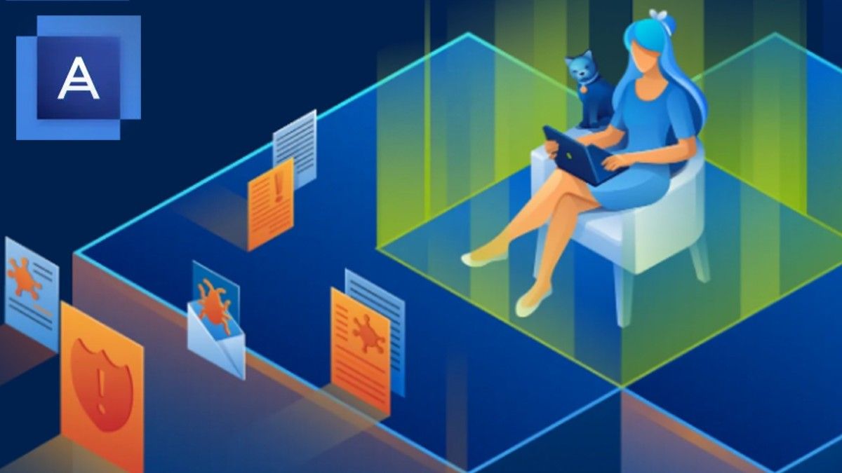 Acronis Cyber Protect Home Office graphic featuring a woman and her cat looking at a laptop screen