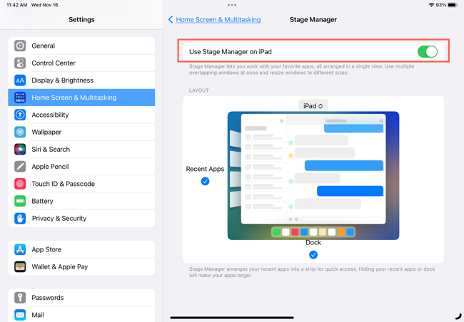 Toggle to turn on Stage Manager in Settings