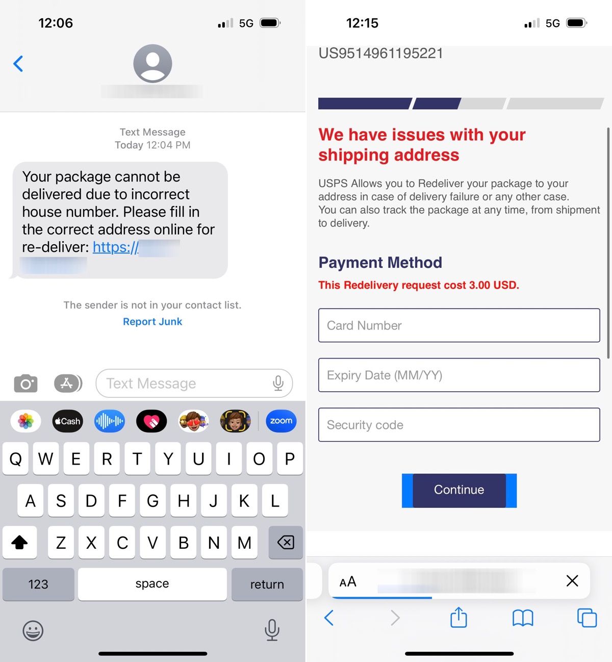 Screenshot of a scam text and a fake USPS website.