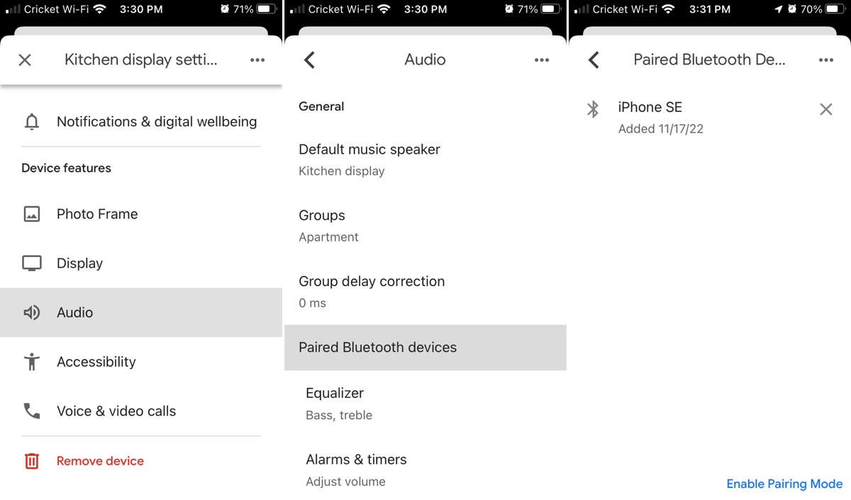 Bluetooth settings in Google Home app