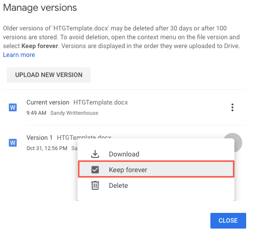 Keep Forever in the Manage Versions window