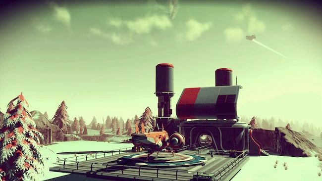 A screenshot from No Man's Sky featuring a spaceship parked in front of a base.