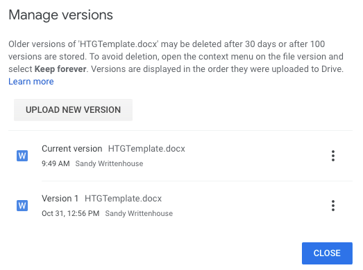 Manage Versions window in Google Drive