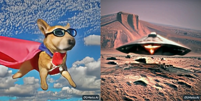 Images of a superhero dog and alien spaceship taken from Meta AI synthesized video.