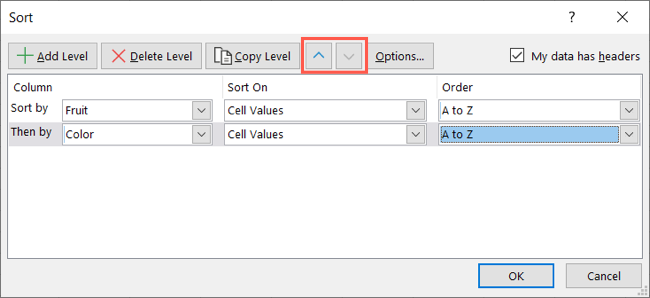 Multiple sort levels and arrows to rearrange them