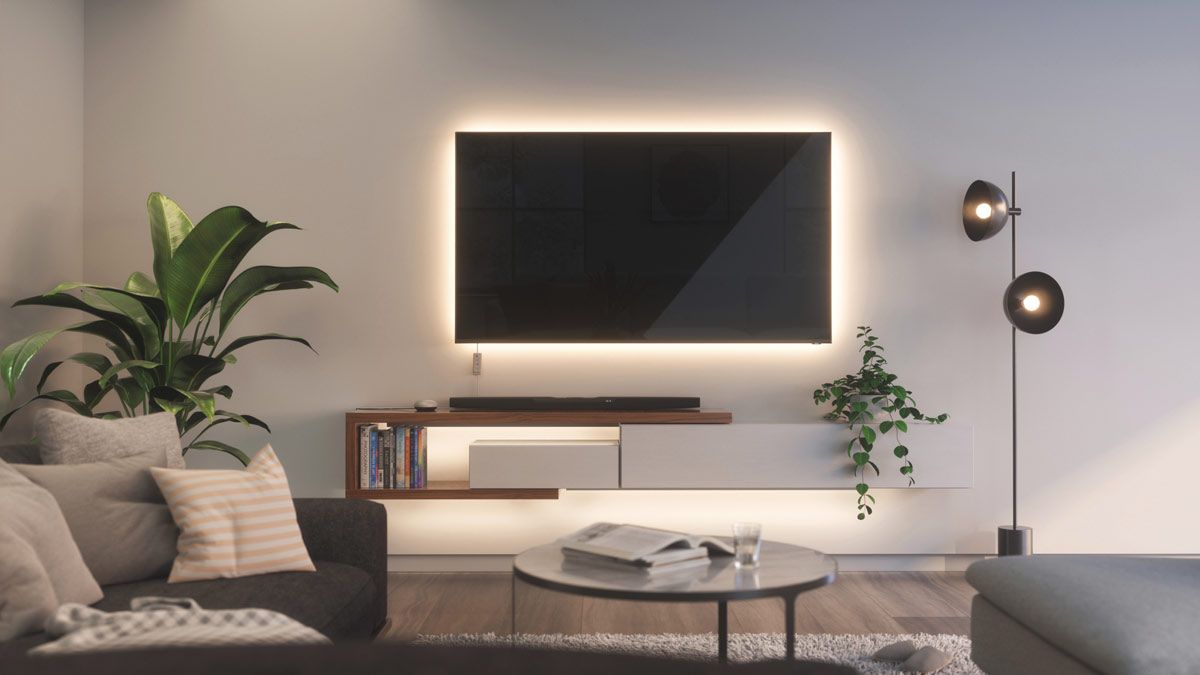A modern living room with Nanoleaf smart lights.