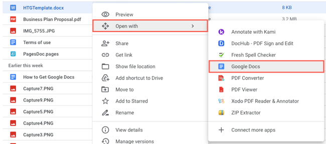 Open With Google Docs for a Word file