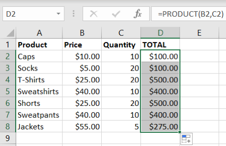 Formula for the PRODUCT function copied down