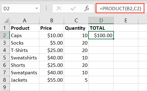 PRODUCT function to multiply two values