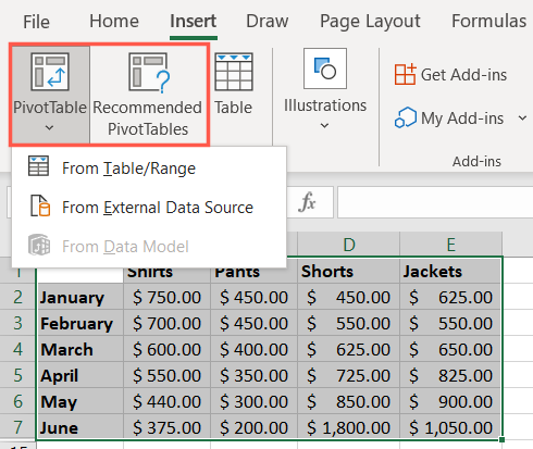 Insert pivot table options in Excel