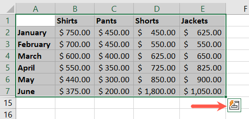 Quick Analysis button in Excel