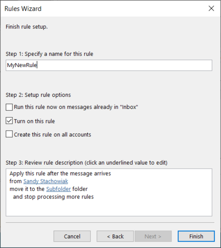 Final step for setting up an Outlook rule
