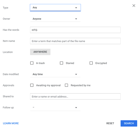 Search options in Google Drive