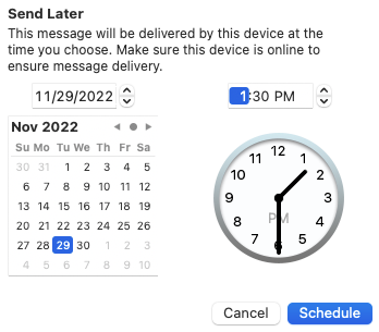 Email schedule window in Mail on Mac