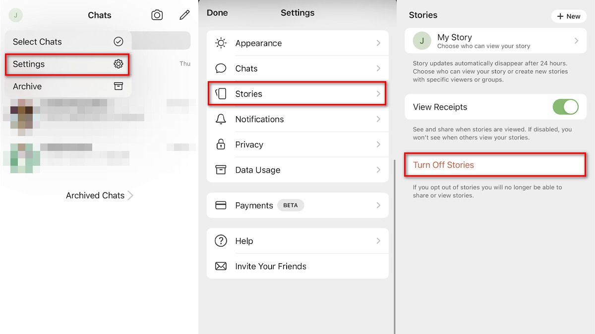 Screenshots howing how to disable the Story Time function on the Signal secure messaging app.
