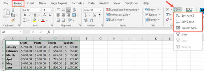 Sort options in Excel