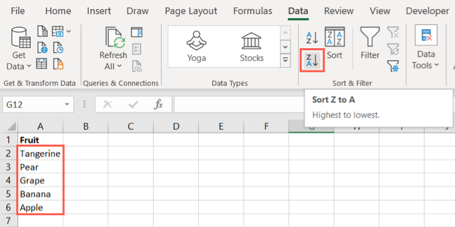 Sorted data from Z to A