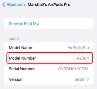 The model number of the AirPods.