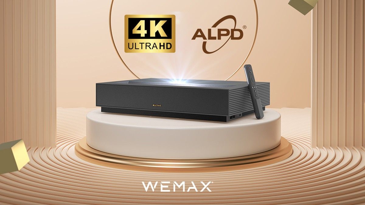 WEMAX Nova 4K UHD Pprojector on a dispaly riser.