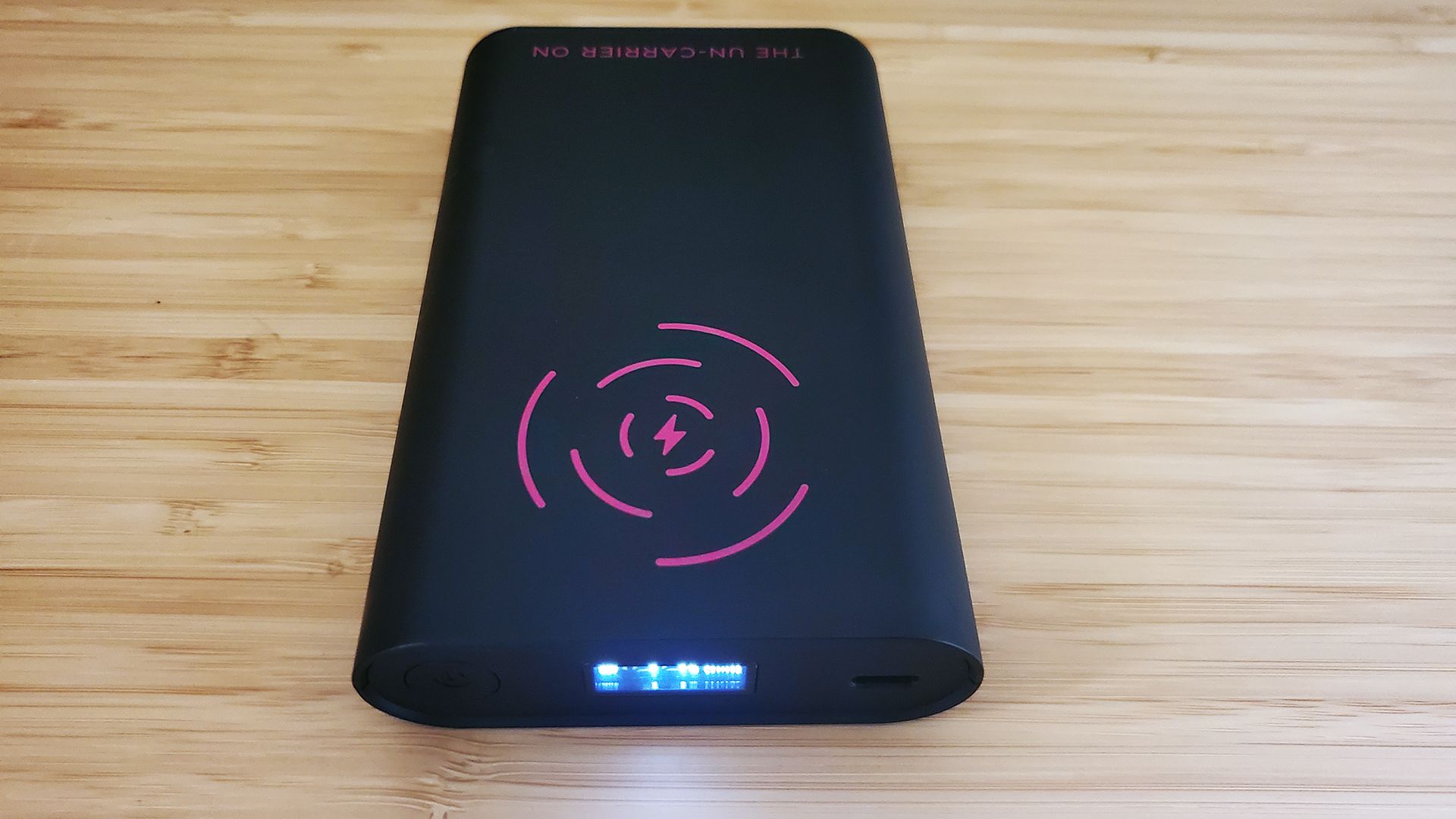 The T-Mobile Samsara Un-carrier On battery pack laying on a desk.