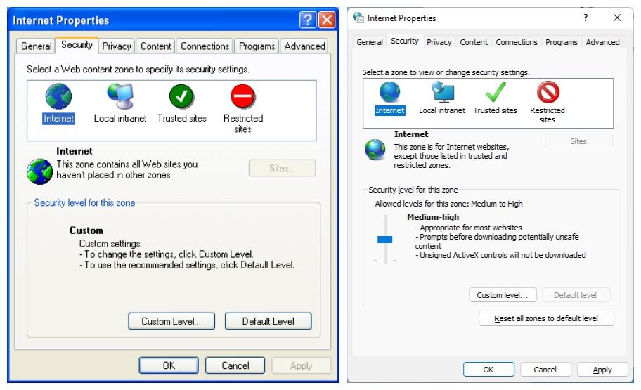 Internet Properties in Windows XP and Windows 11 (right)