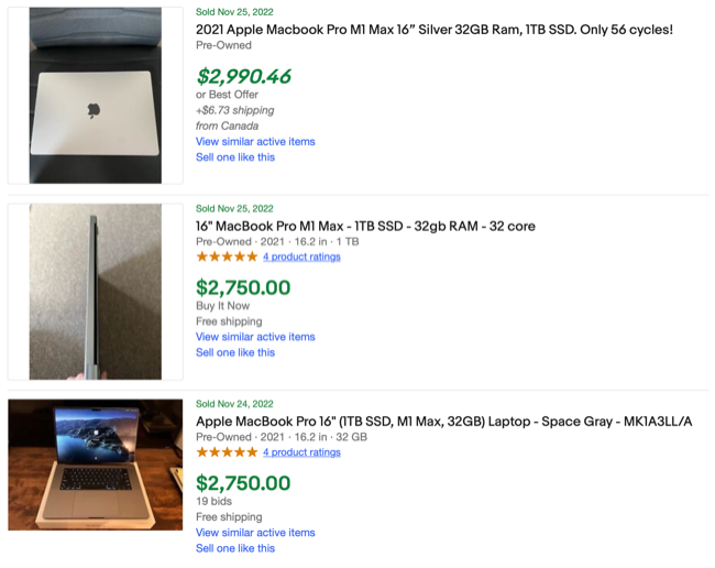 2021 16-inch MacBook Pro M1 Max 32GB sold listings on eBay