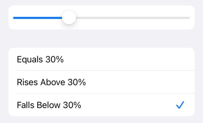 Battery level percentage trigger in Shortcuts