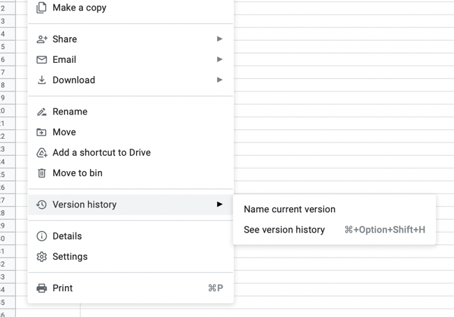 Google Sheets version history