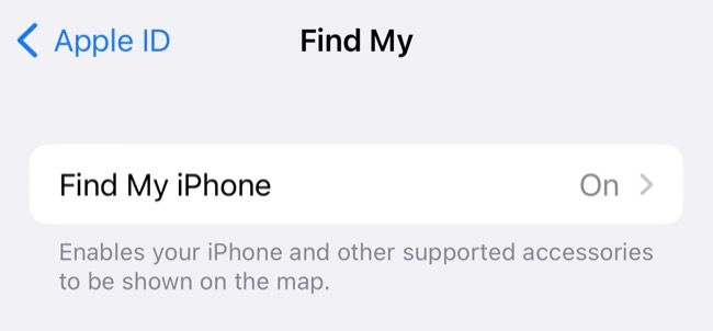 Find My iPhone enabled on iOS 16
