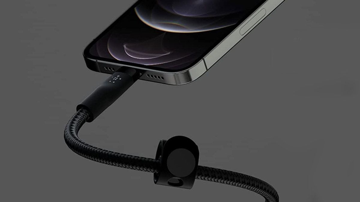 A durable iPhone charging cable with a magnetic cable management system.