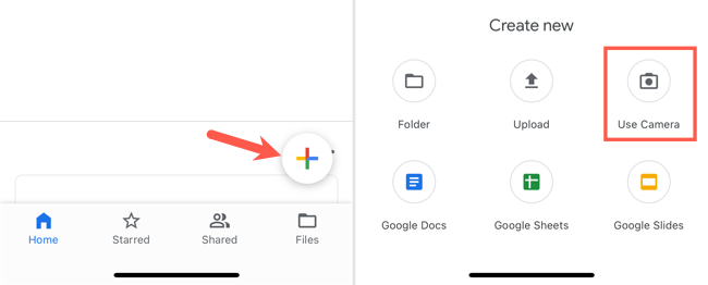 New document and Use Camera in Google Drive on iPhone