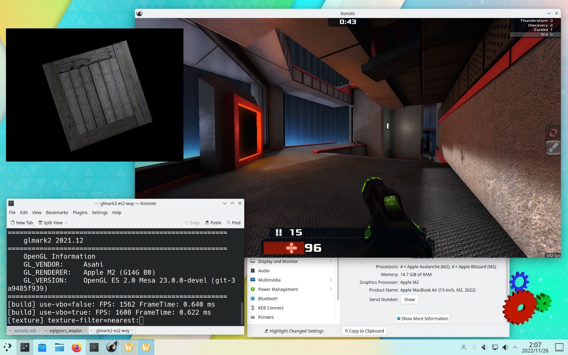 Screenshot with Xonotic, a Terminal window, and the KDE desktop