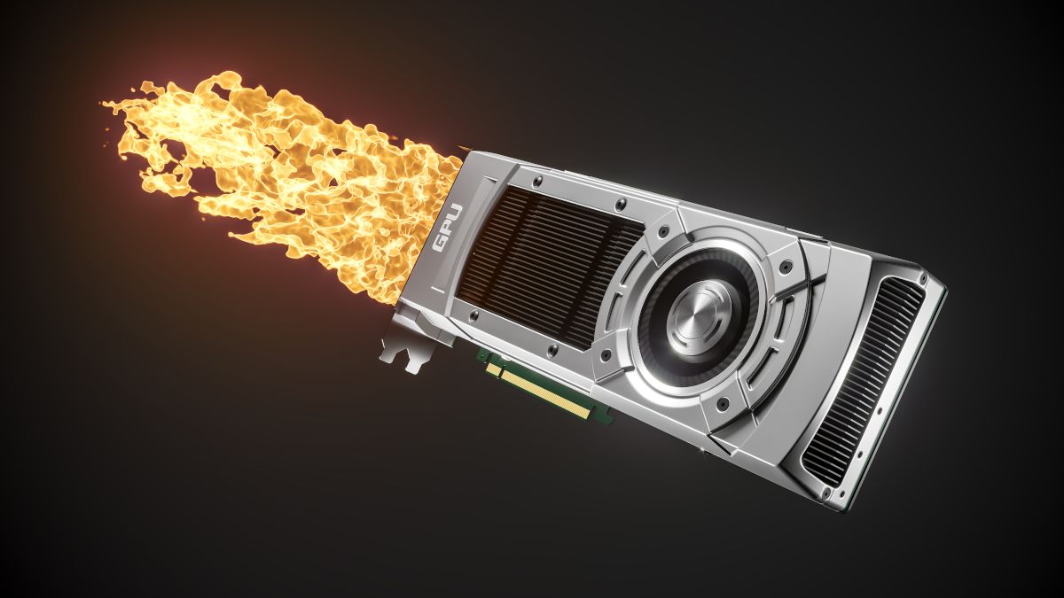 Digital illustration of graphics card propelled by flames.