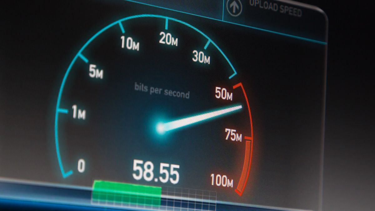 An internet speed test showing a 58 megabits per second rating.