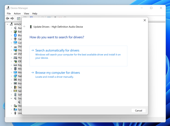 Search for drivers online in Windows 11