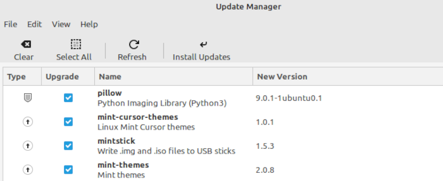 The update manager in Linux Mint 21.1